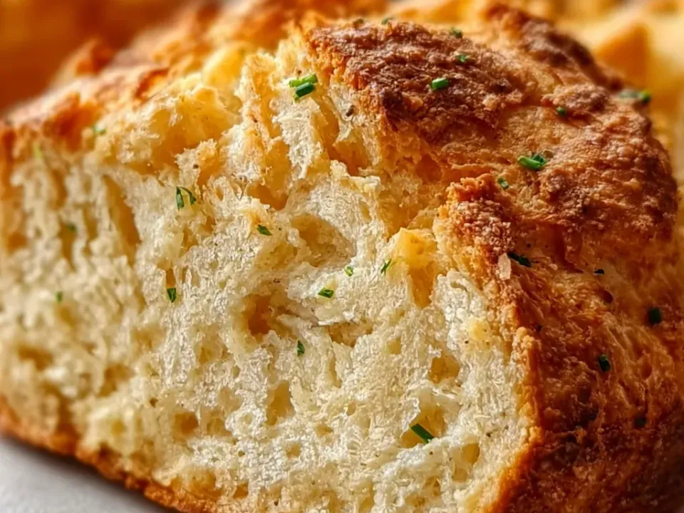 A torn piece of risen baked bread with a soft open crumb and a deeply browned crust, flecked with chopped chives, with more pieces behind