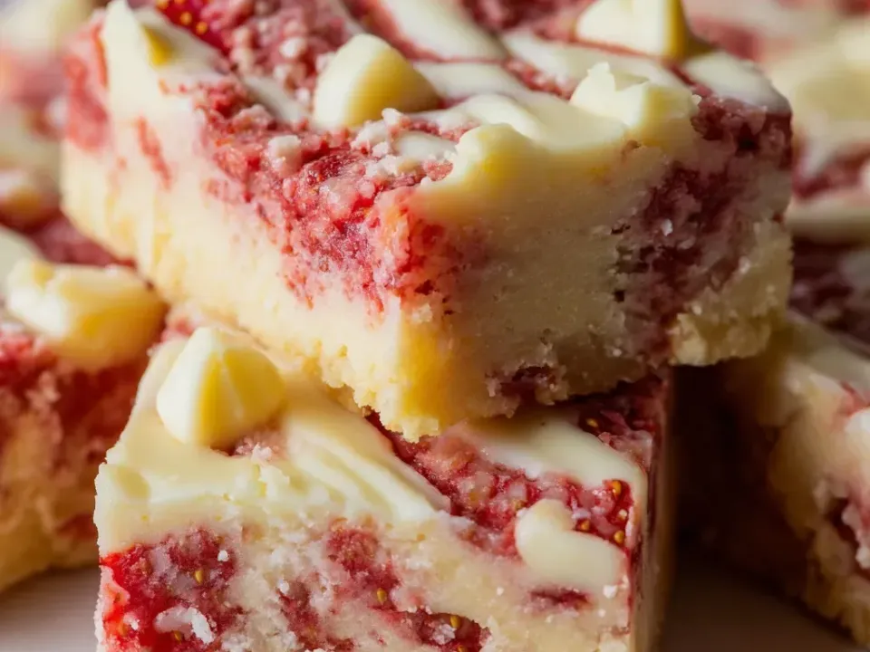 Thick pale bars with a dense blondie crumb marbled with bright red strawberry swirls showing seeds, topped with large white chocolate chunks and a melted white chocolate drizzle