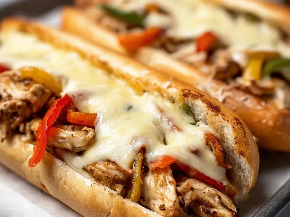Two filled hoagie rolls on a lined metal tray with sliced browned chicken, red, green and yellow pepper strips and onion under melted white provolone