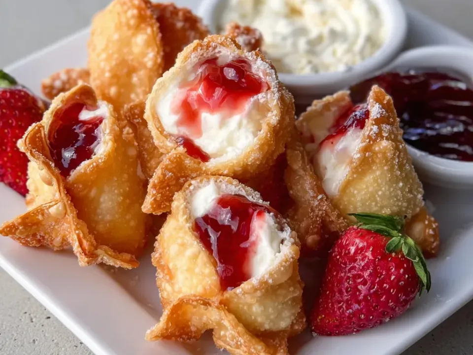 Deep-fried wonton parcels, blistered and golden with sugar-dusted surfaces, each split open showing a thick white cream filling and glossy red strawberry sauce