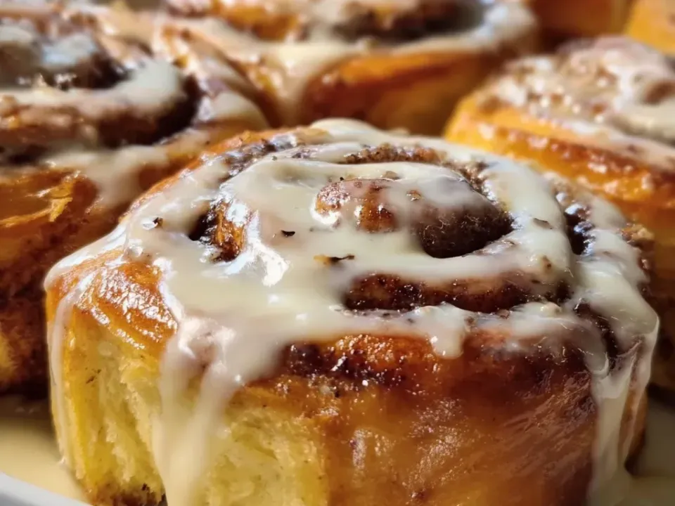 Soft tall enriched-dough rolls, deeply golden and glossy on top, spiralled with a dark cinnamon filling and covered in a thick pale glaze pooling around them in a white dish
