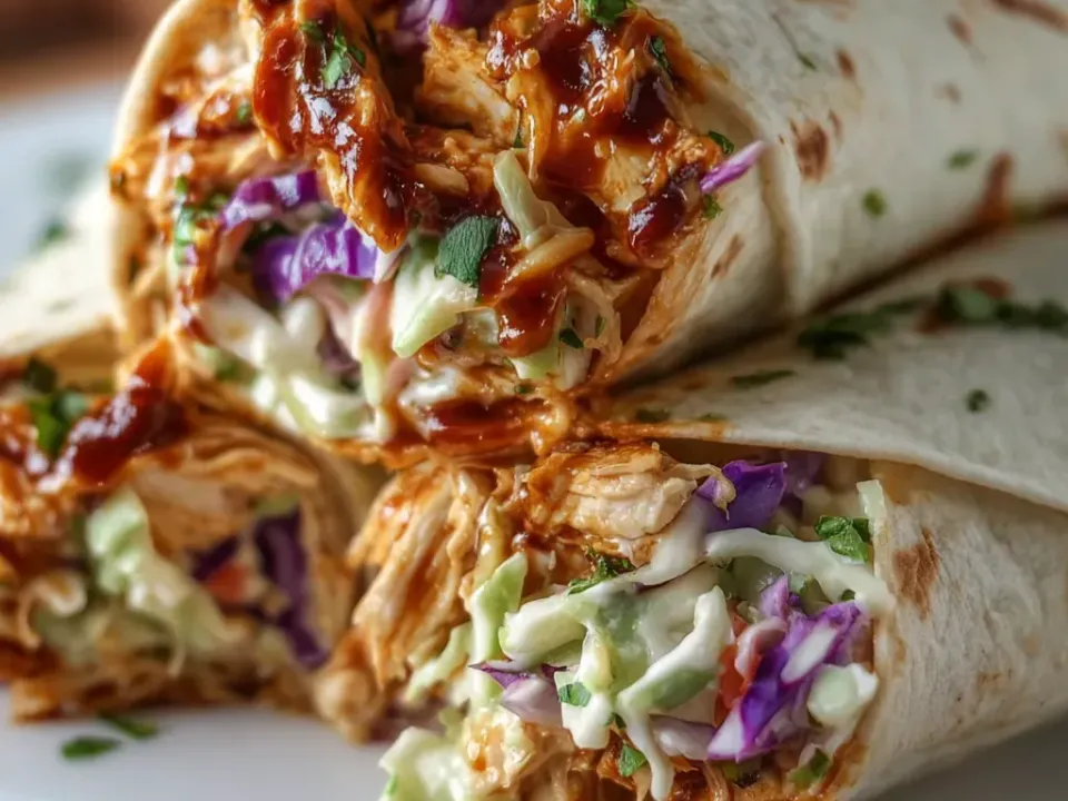 A soft flour tortilla wrap cut in half showing shredded chicken in dark glossy barbecue sauce and a creamy green and purple cabbage coleslaw with chopped herb