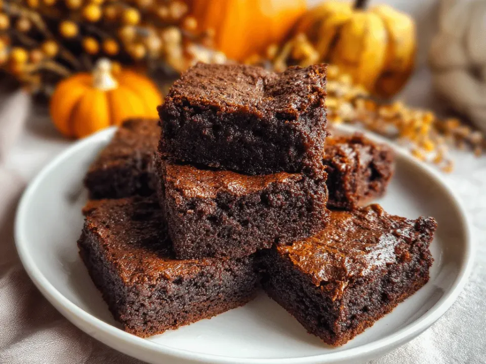 Squares of fudgy gluten-free pumpkin brownies on parchment
