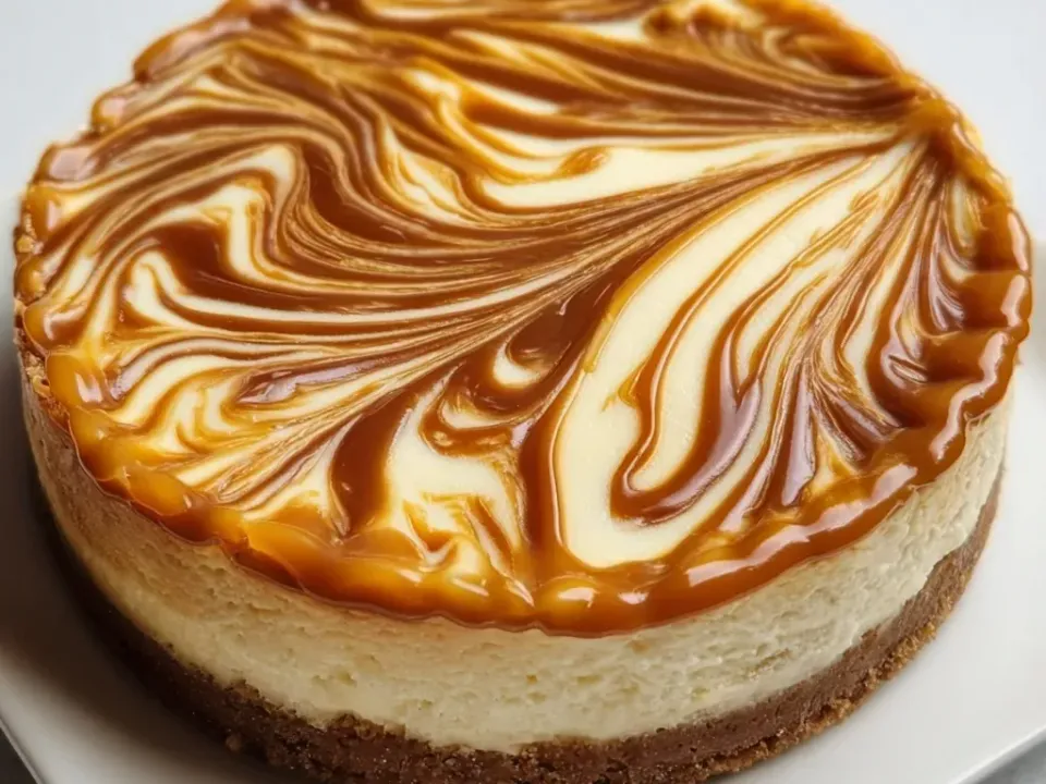 A whole round cheesecake with a golden graham crust and a glossy feathered caramel swirl across the top
