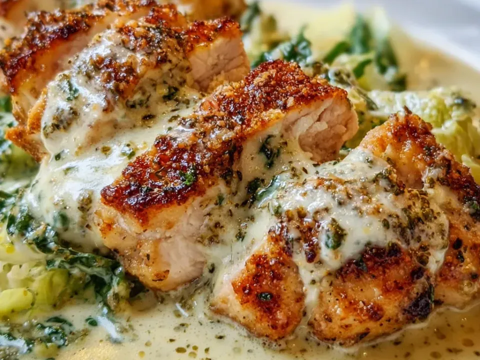 Sliced browned chicken with a crumb-flecked crust under a pale creamy sauce on a bed of wilted greens, on a white plate