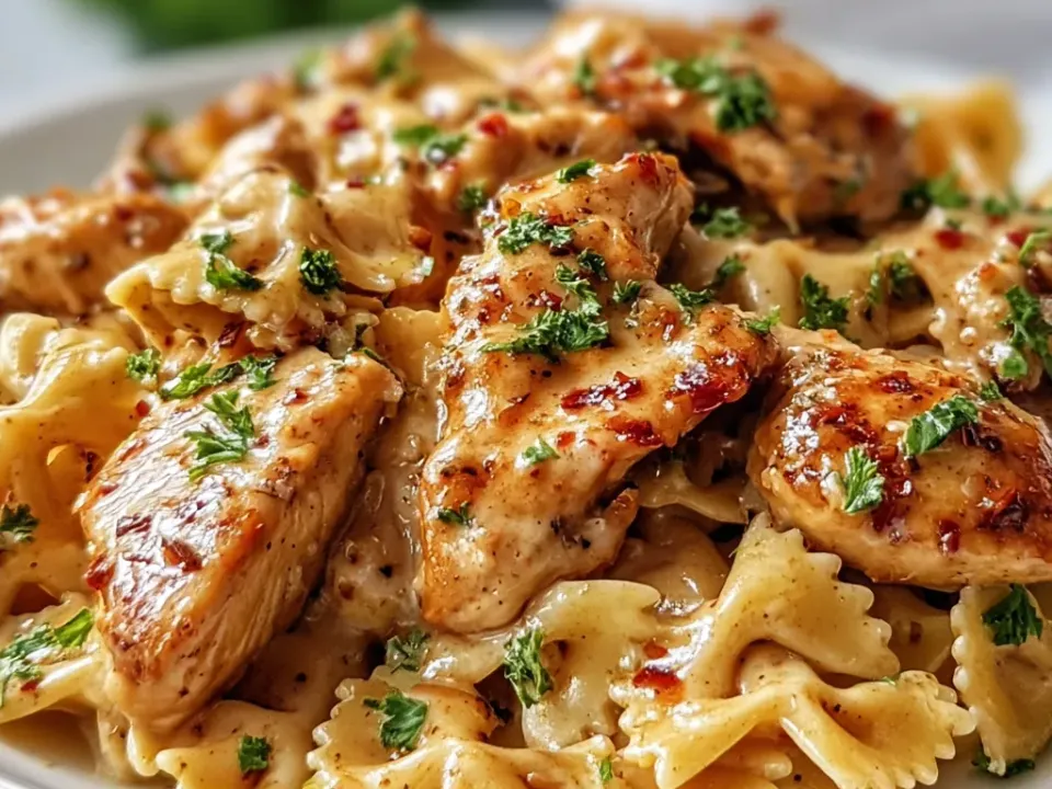 Farfalle with browned chicken pieces in a buttery cream sauce with red chilli flakes and parsley on a white plate