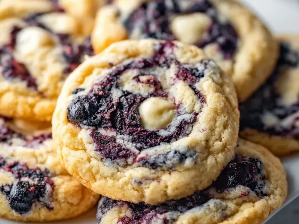 Thick pale golden cookies with soft craggy edges, each shot through with a dark purple-black blueberry swirl and studded with chunks of white chocolate