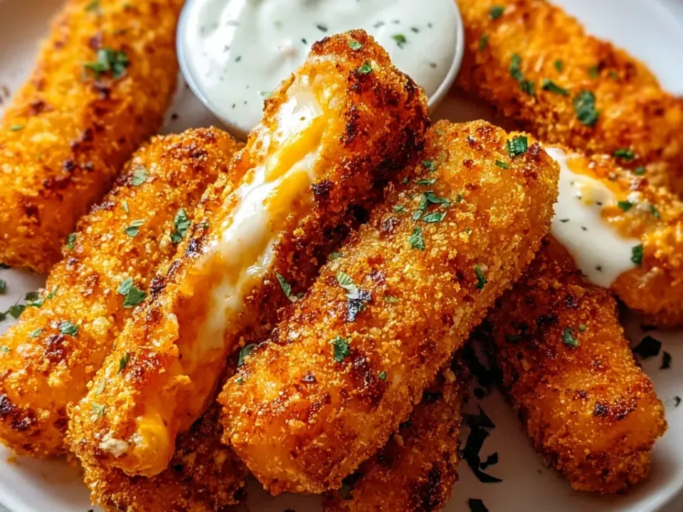 Thick orange-crumbed fried sticks on a white plate, one broken open showing molten stretching cheese, with a ramekin of white herb-flecked dip behind and parsley scattered over