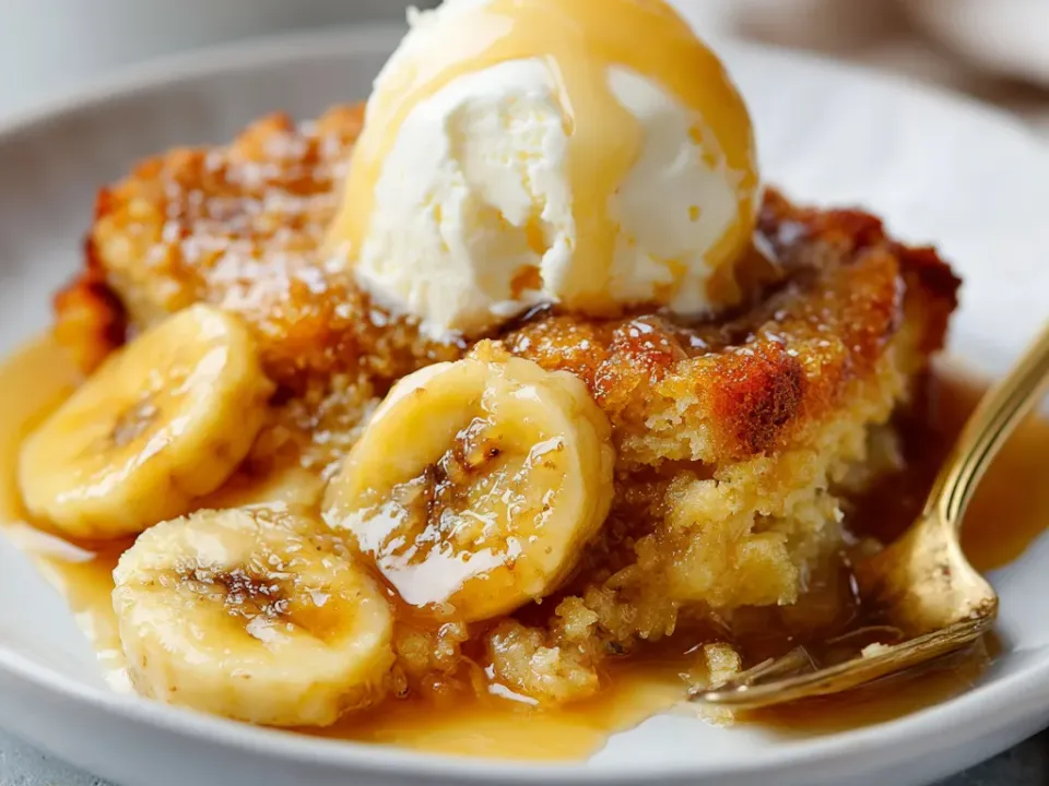 A serving of golden biscuit-topped cobbler over soft caramelized banana slices in buttery caramel, with a scoop of vanilla ice cream drizzled with caramel