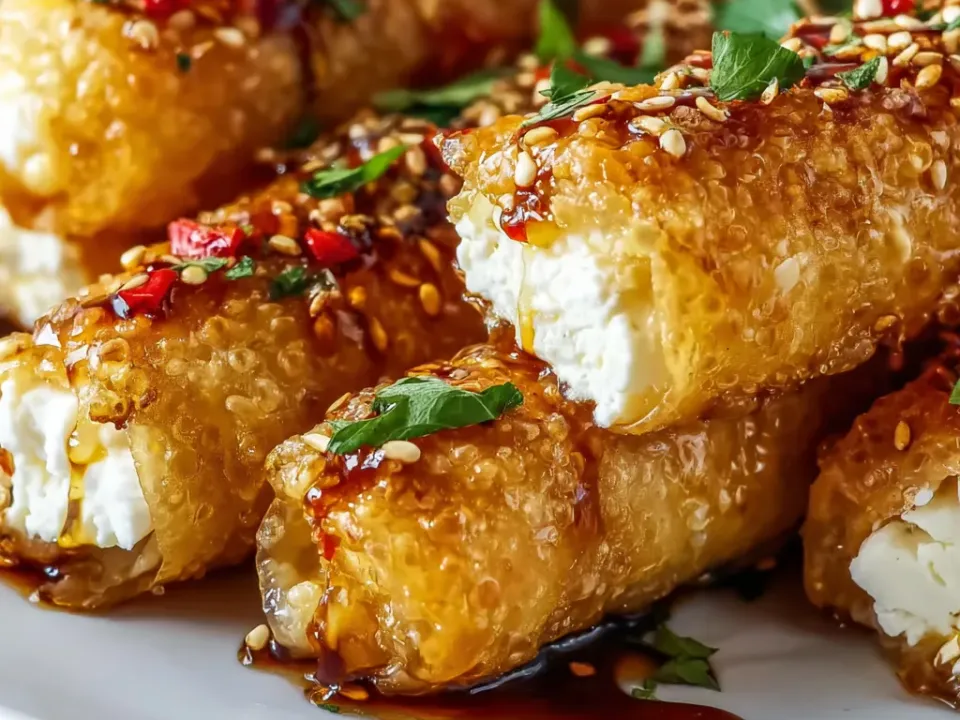 Crisp golden phyllo rolls with white feta visible at the cut ends, drizzled with chilli honey and scattered with sesame seeds