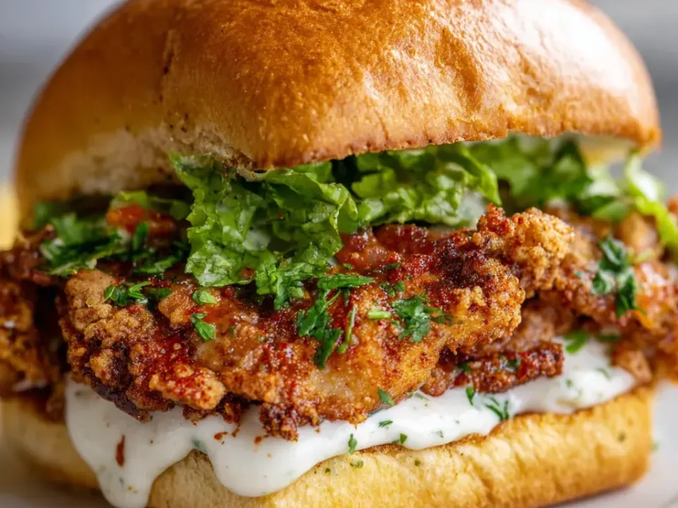 A tall sandwich on a glossy golden brioche bun holding a thick craggy deep-fried chicken fillet with a deep red-brown spice crust, thick white aioli flooding from the base, shredded lettuce and chopped parsley