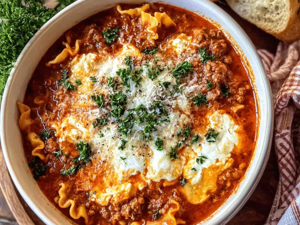 Bowl of tomato lasagna soup with broken ruffled noodles and ground meat, topped with dollops of ricotta and grated Parmesan