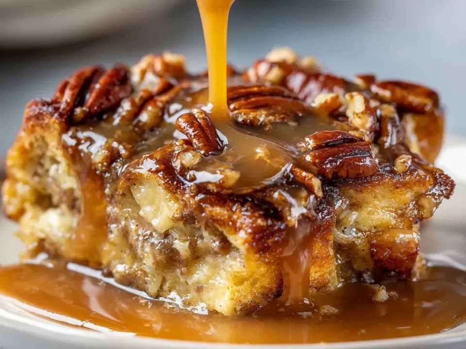 Bread pudding with a bourbon caramel sauce being poured over, chopped pecans visible