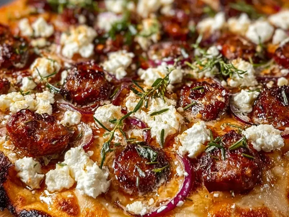 A thin round pizza on a wooden board with a blistered part-charred rim, browned sausage rounds, crumbled white feta, red onion slivers and rosemary, glazed with honey