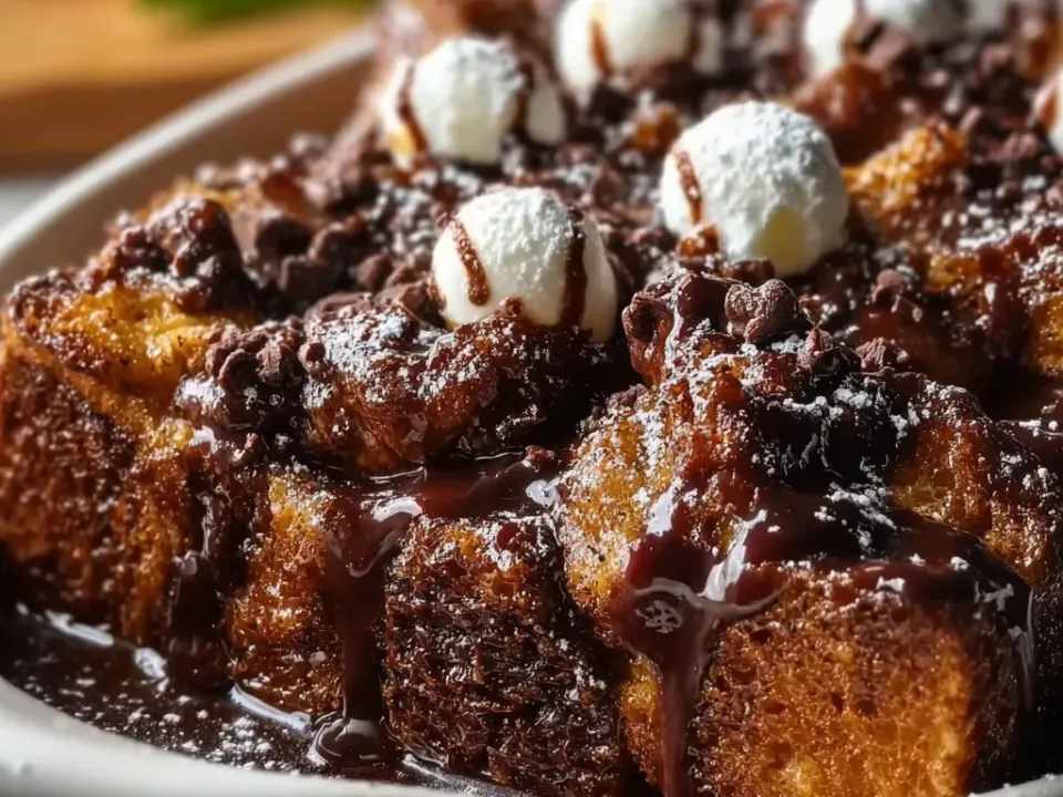 A dish of bread pudding with golden-brown bread cubes, dark chocolate chunks and glossy chocolate sauce, dusted with powdered sugar and topped with round white marshmallows