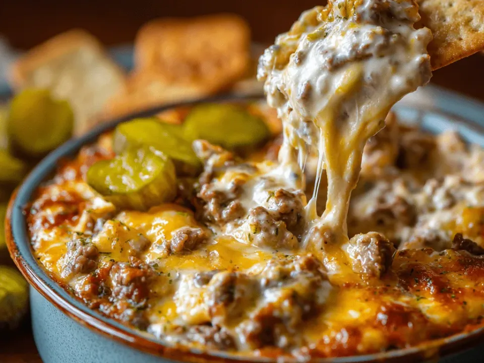 Crockpot Big Mac dip in a slow cooker topped with melted cheese and pickles