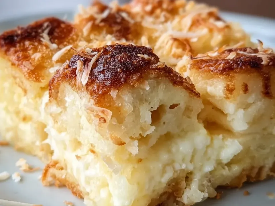 Thick squares of bread pudding with soft custardy pale interiors, tops deeply browned and scattered with toasted shredded coconut, a pale cream band running through the lower half
