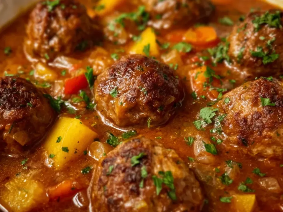 Browned meatballs in a red-brown stew with yellow potato chunks, sliced carrot and celery, finished with parsley