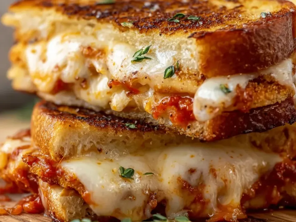 Two halves of a thick grilled cheese on dark-toasted country bread stacked on a wood board, each showing a golden breaded chicken cutlet, red marinara and stretching melted mozzarella