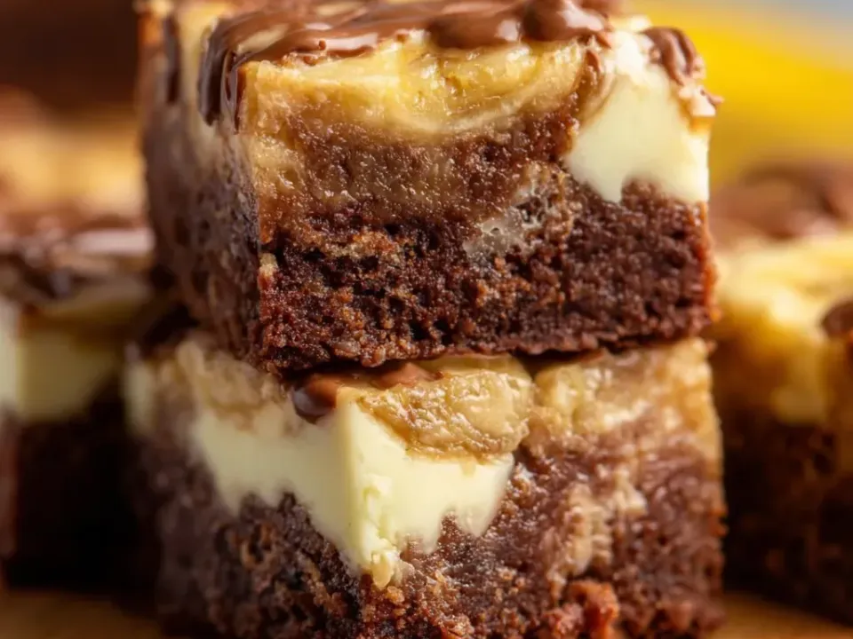 Stacked brownie squares with a fudgy chocolate base, a thick pale banana cream layer marbled with brownie and a chocolate drizzle on top