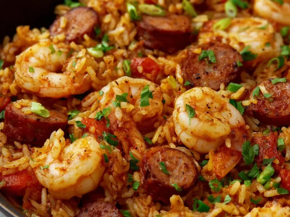 Long-grain rice tinted red-orange with whole pink opaque shrimp, browned rounds of smoked sausage, diced red pepper, sliced green onion and chopped parsley in a dark pan