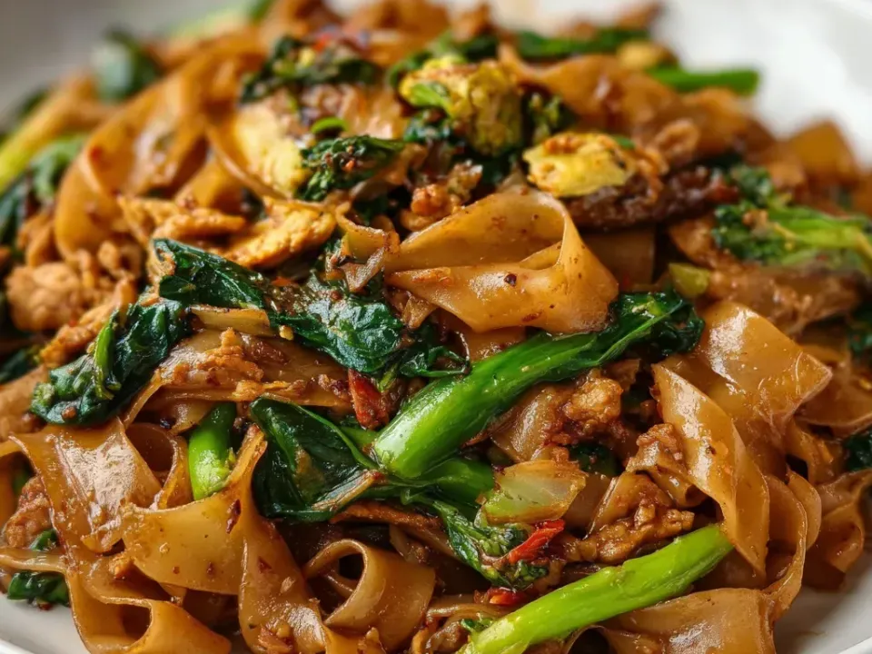 A white plate of wide flat rice noodles in a dark soy sauce with Chinese broccoli stems and leaves, browned minced meat, scrambled egg and red chili flakes