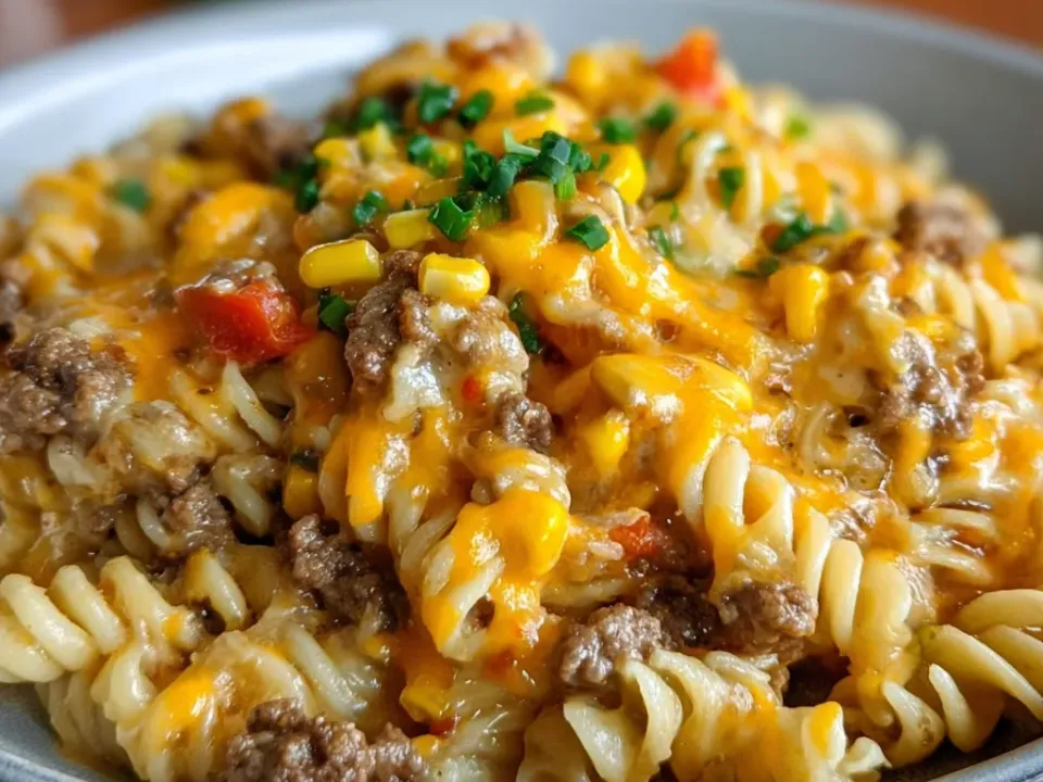A grey bowl of rotini in a creamy cheese sauce with browned ground beef, sweet corn, diced red pieces, melted cheddar strands and chopped chives