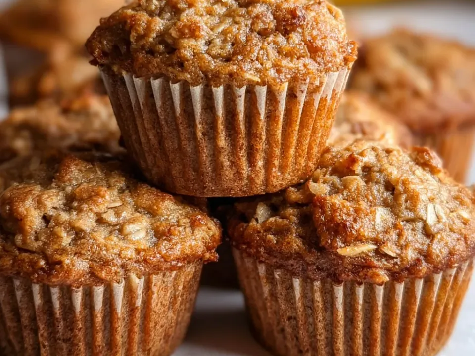 Stacked golden-brown muffins in paper liners with visible oats across their domed tops, bananas resting behind them