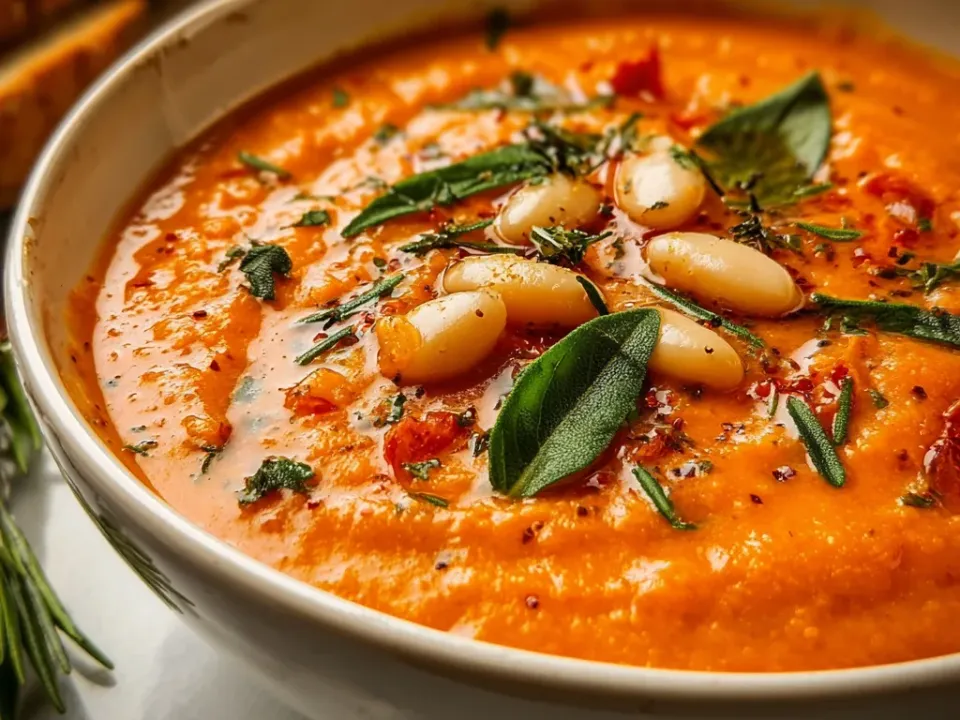 A thick blended orange-red tomato soup topped with whole white cannellini beans, sage leaves, rosemary and chilli flakes, bread behind