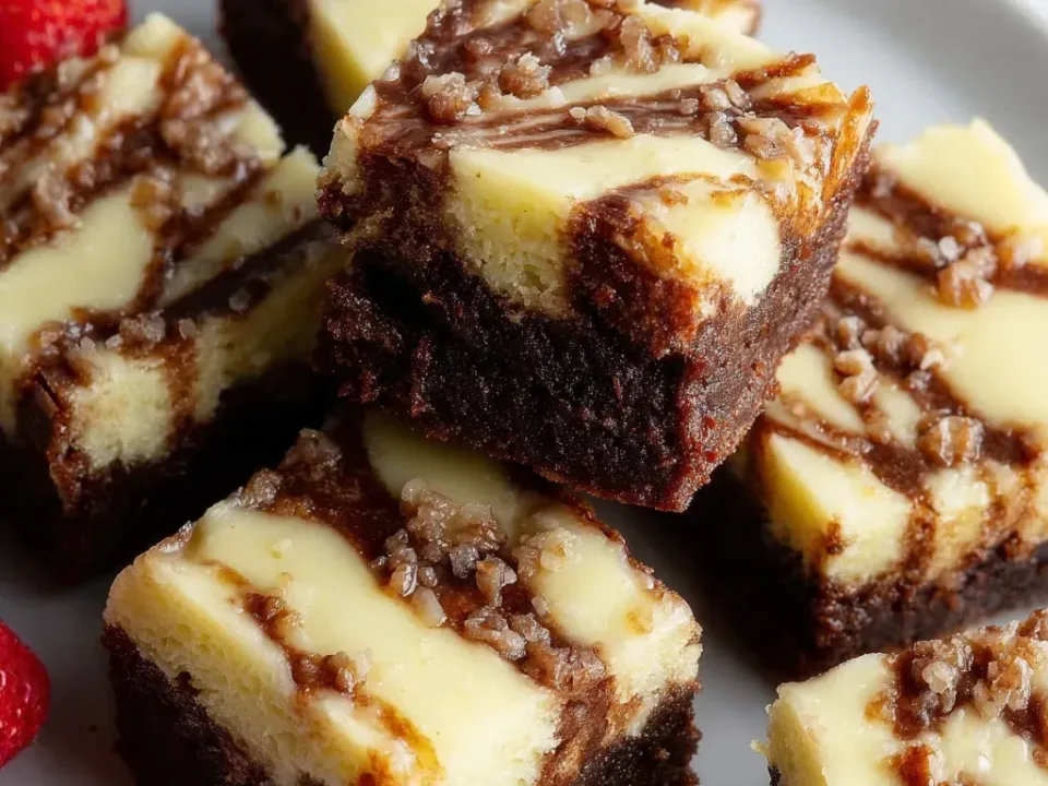 Square bite-sized bars with a dark brownie base and a pale cheesecake layer swirled into the chocolate, topped with a chopped nut scatter and a caramel-brown drizzle