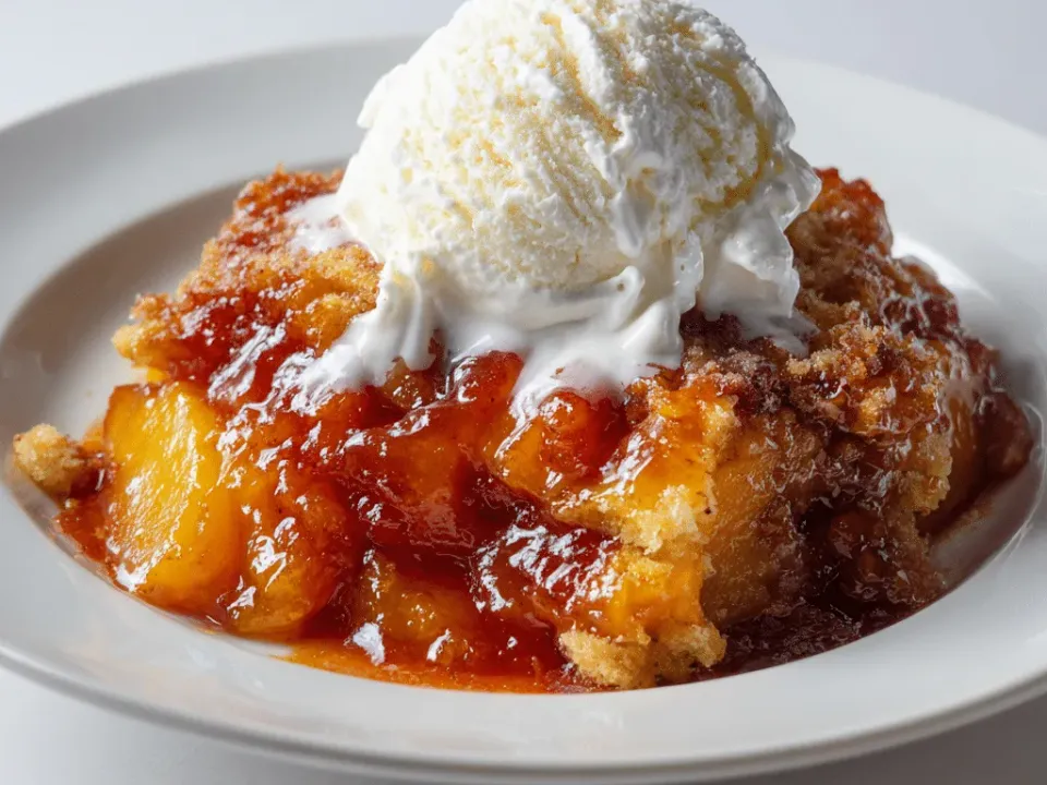 Golden peach slices under a baked oat crumb topping with a scoop of vanilla ice cream melting on top