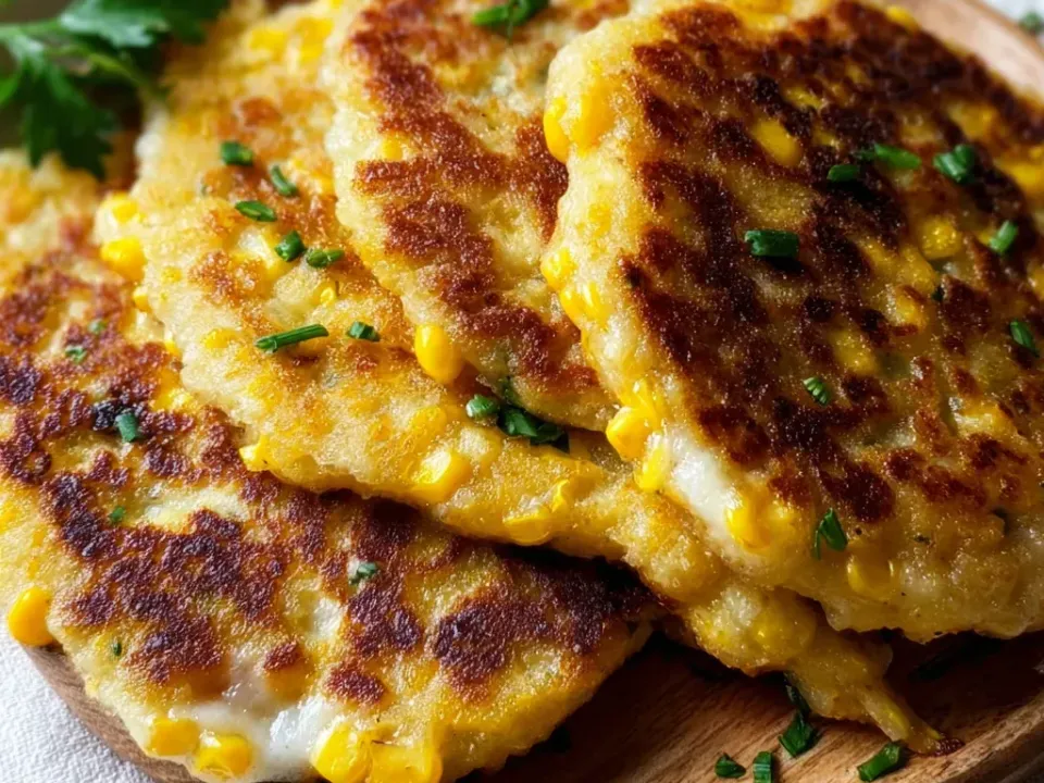 Overlapping golden griddled thick corn pancakes studded with whole corn kernels, with soft melted white cheese at the edges and chives, on a wooden plate