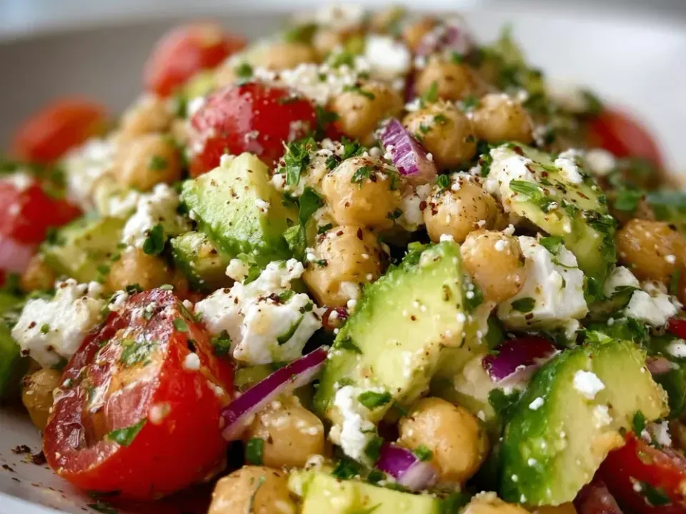 A tumbled cold salad of whole chickpeas, cubed green avocado, halved red cherry tomatoes, sliced red onion and crumbled white feta, scattered with chopped parsley and coarse cracked black pepper