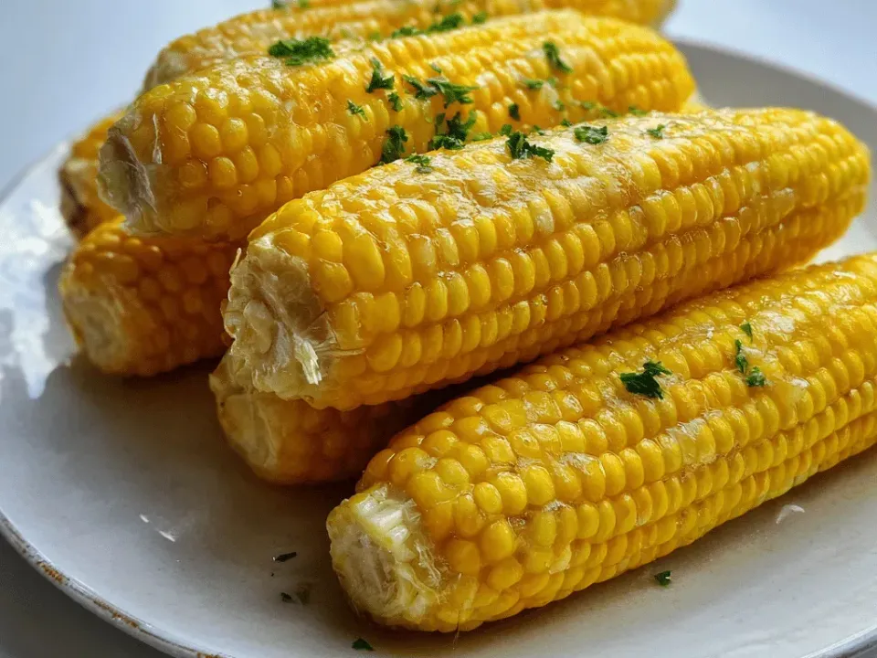 Whole shucked corn cobs, bright yellow and glossy with melted butter, scattered with chopped parsley on a white plate