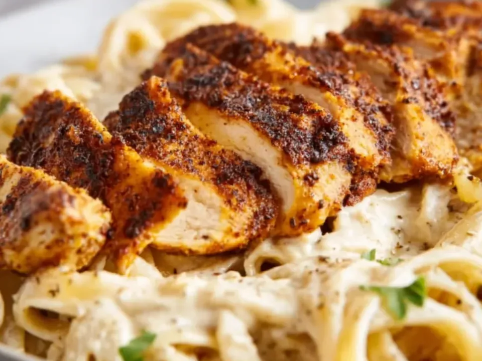 Fettuccine in a thick ivory alfredo sauce topped with a sliced, fanned chicken breast under a dark blackened spice crust, with parsley and cracked black pepper