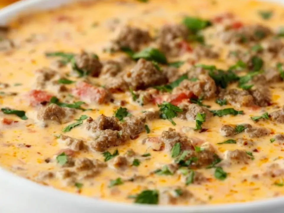 Skillet of smooth orange sausage and cheese dip flecked with tomato and green chile, with tortilla chips alongside