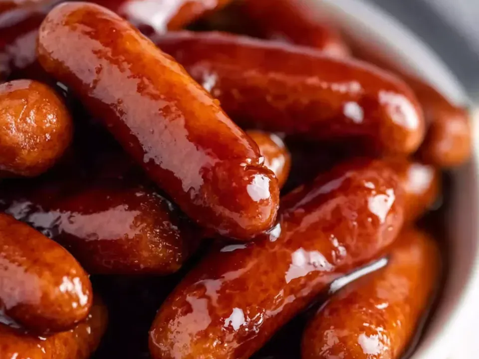 Small whole cocktail sausages glossy in a thick dark red-brown sauce in a white bowl