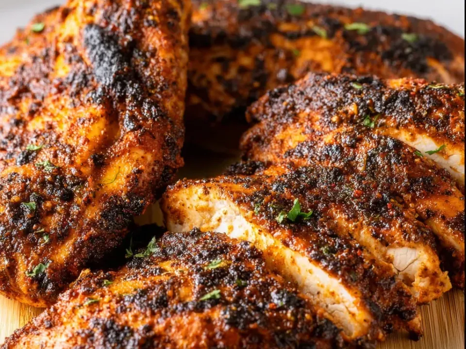 Chicken breasts on a wooden board under a heavy dark blackened spice crust, one sliced to show white cooked meat inside, with a little chopped green herb