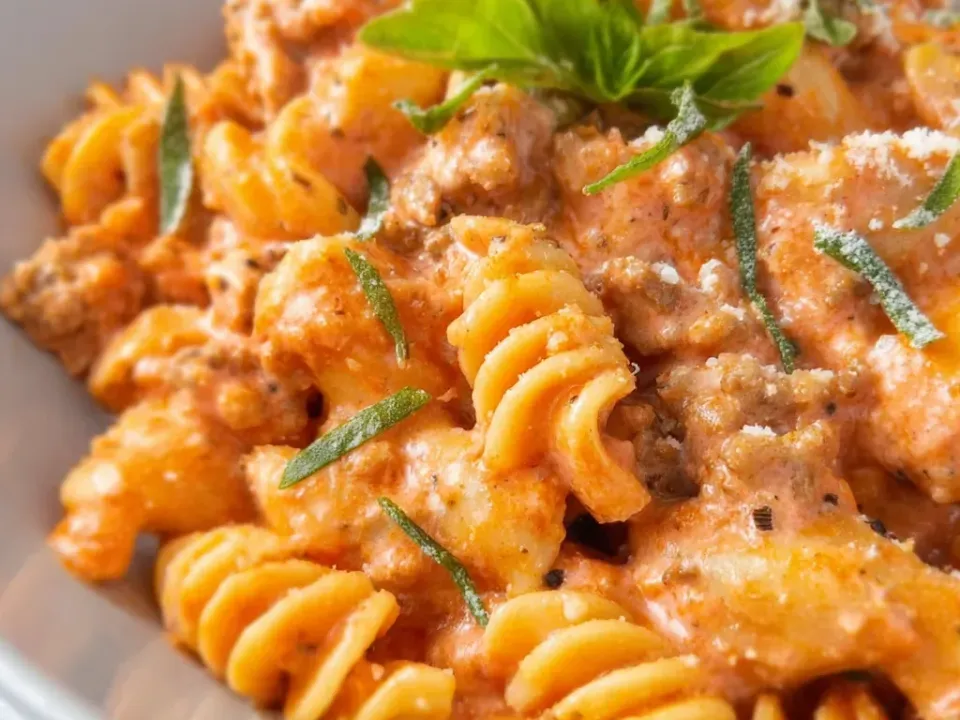 Rotini in a creamy orange-pink tomato sauce with pale ground turkey crumbles, torn basil leaves and grated Parmesan