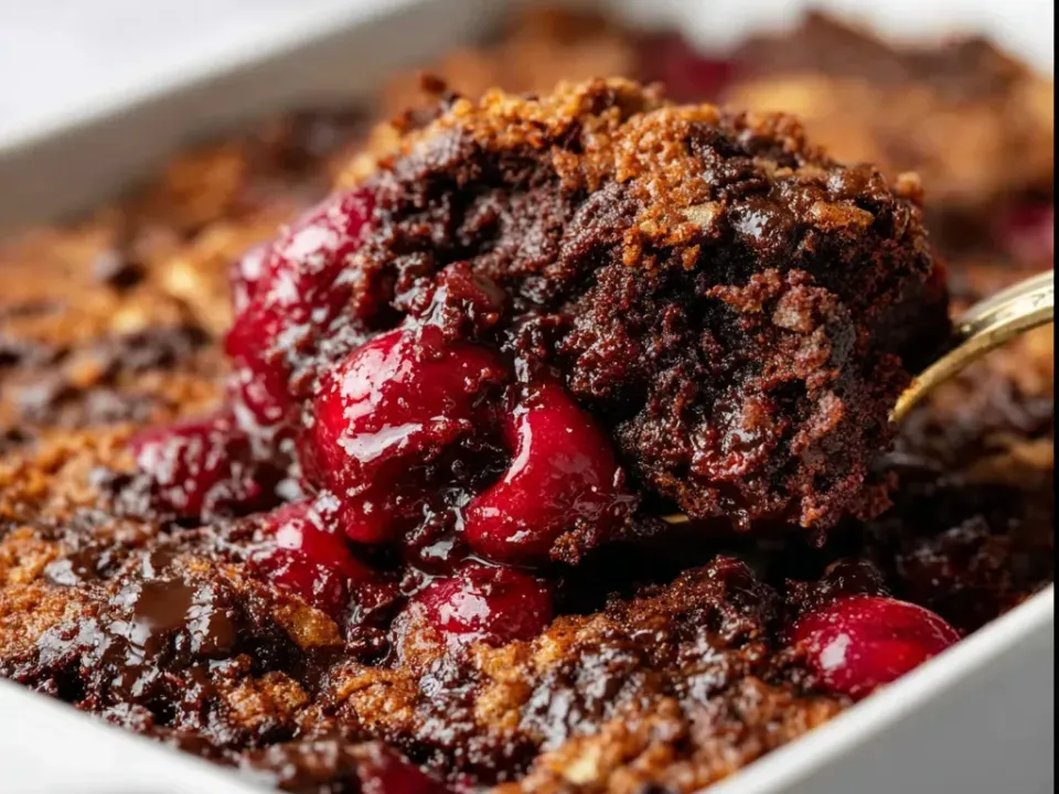 A dark chocolate dump cake in a white baking dish with a craggy browned crumb-and-cake top, glossy dark chocolate pooling through it and whole glossy dark red cherries in thick red syrup underneath