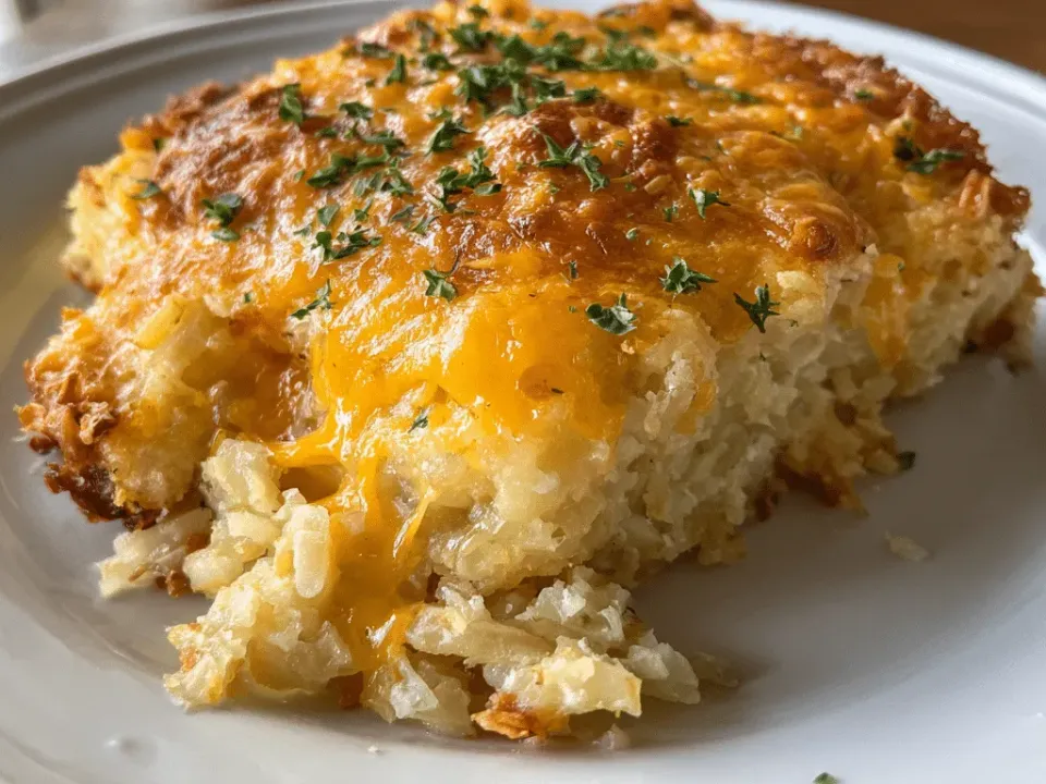 A cut square of golden hash brown casserole with a browned sharp cheddar top on a white plate