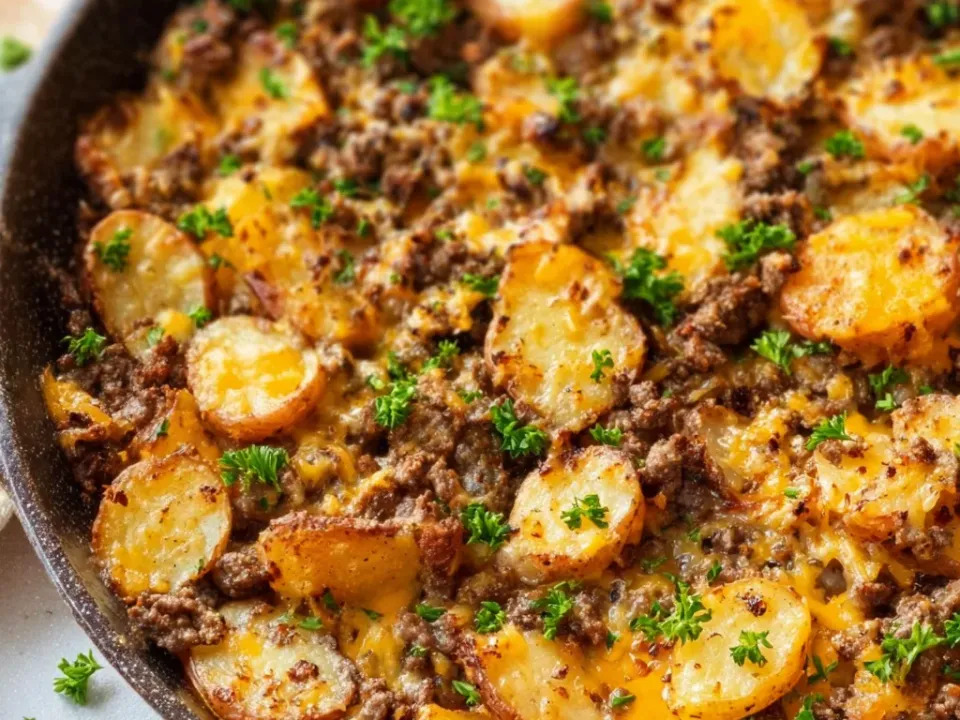 A skillet of browned ground beef with cubed gold potatoes and melted cheddar, scattered with chopped parsley