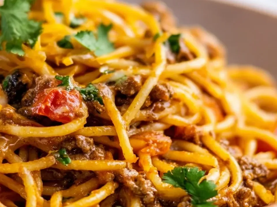 A bowl of spaghetti tossed with seasoned ground beef in a light red sauce with diced tomato, melted and shredded cheddar and fresh cilantro leaves