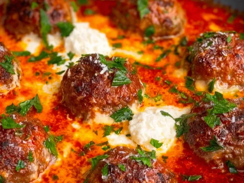 Large browned meatballs with crusted tops in a bright red tomato sauce, with white dollops of ricotta between them, grated Parmesan and chopped parsley