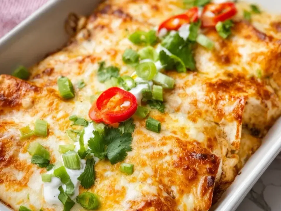 A white baking dish of rolled flour-tortilla enchiladas under melted golden cheese, topped with sour cream dollops, sliced green onion, cilantro and thin red chilli rings