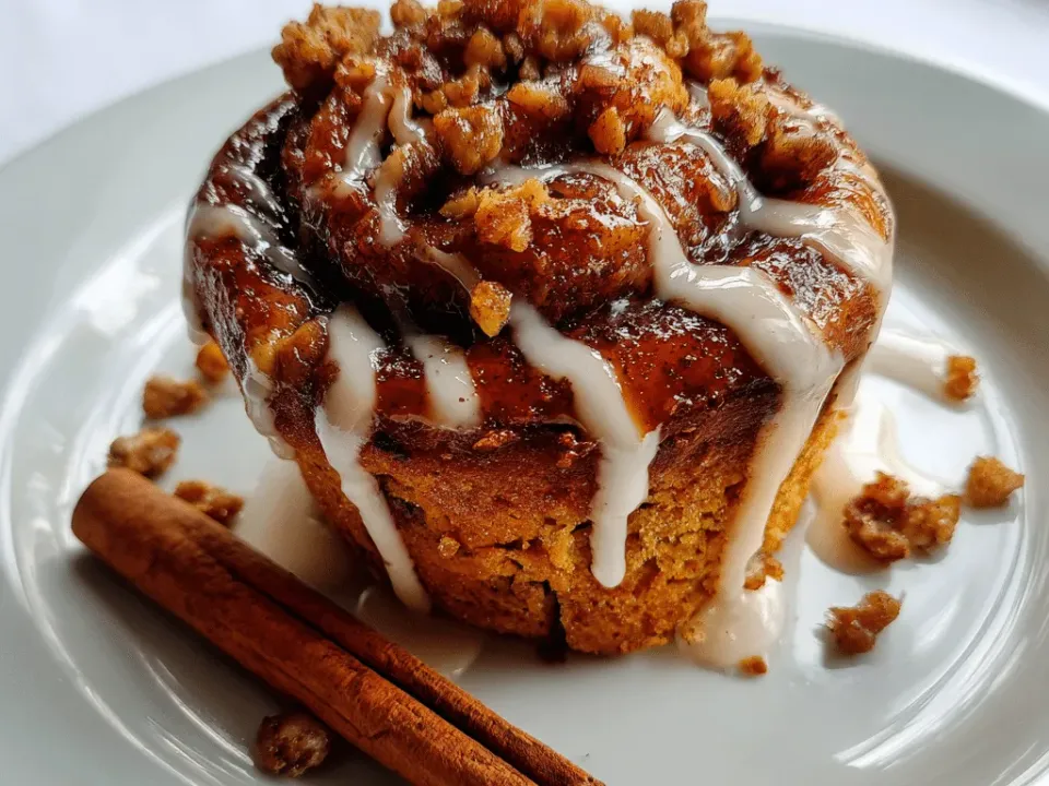 Pumpkin cinnamon roll muffin with a cinnamon swirl and white glaze drizzled over