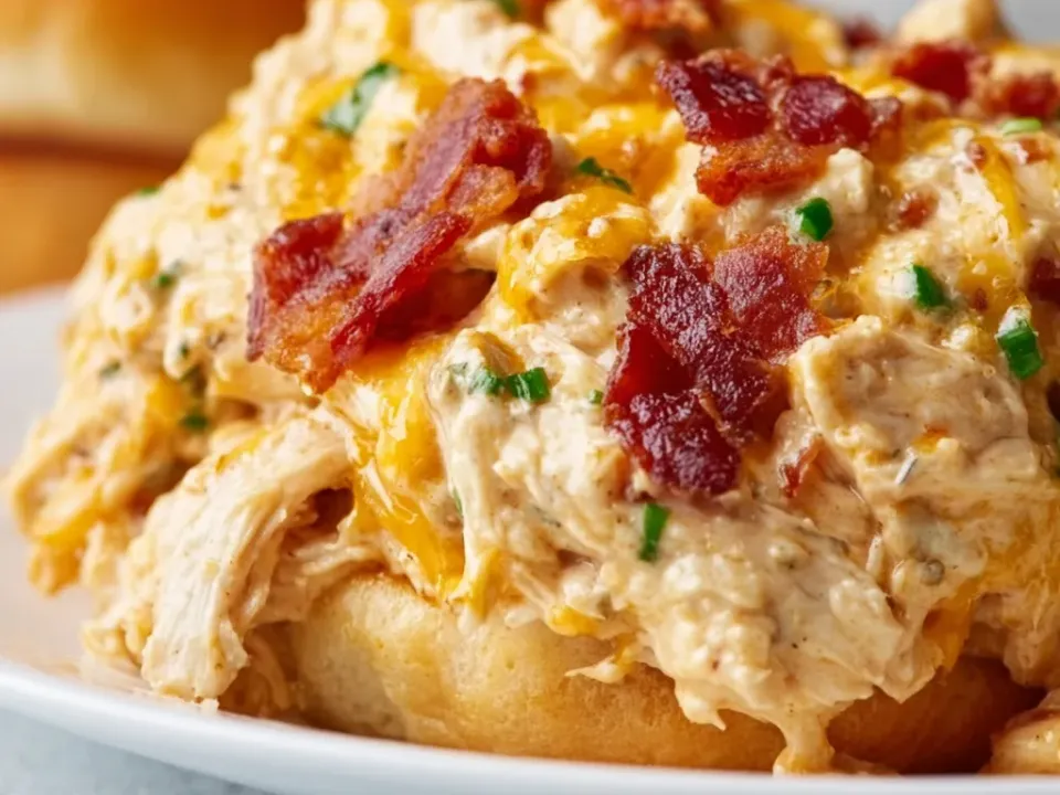 Shredded chicken in a creamy ranch sauce with melted cheddar and crisp crumbled bacon, piled onto a soft sandwich bun