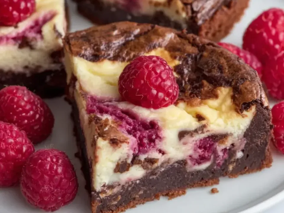 Cut squares with a dark dense chocolate brownie base under a marbled swirl of pale cheesecake and chocolate with crimson raspberry streaks, each topped with a whole fresh raspberry