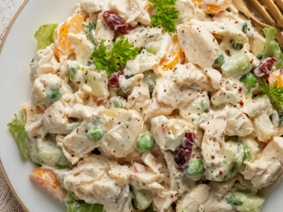 A plate of chunky shredded chicken in creamy dressing with dried cranberries, green peas, diced celery, mandarin orange segments, black pepper and parsley on lettuce leaves