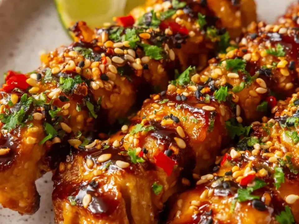 Bamboo skewers of crisp-coated chicken lacquered in a glossy dark sweet chili glaze with white and black sesame seeds, cilantro, red chili and a lime wedge